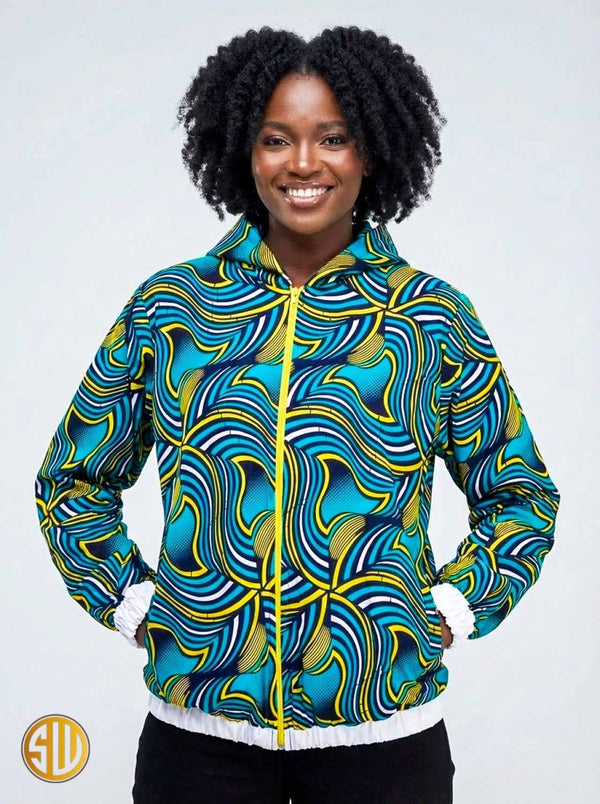 Bomber à capuche en wax jaune, bleu et noir