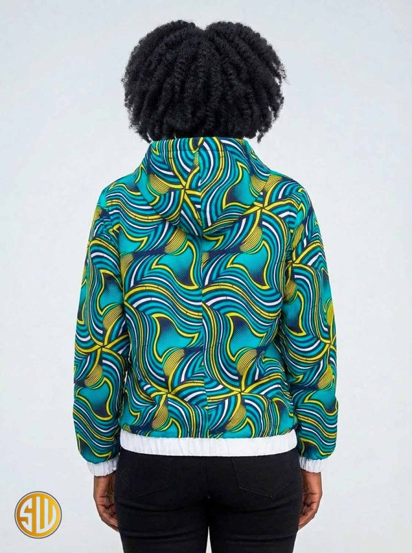 Bomber à capuche en wax jaune, bleu et noir