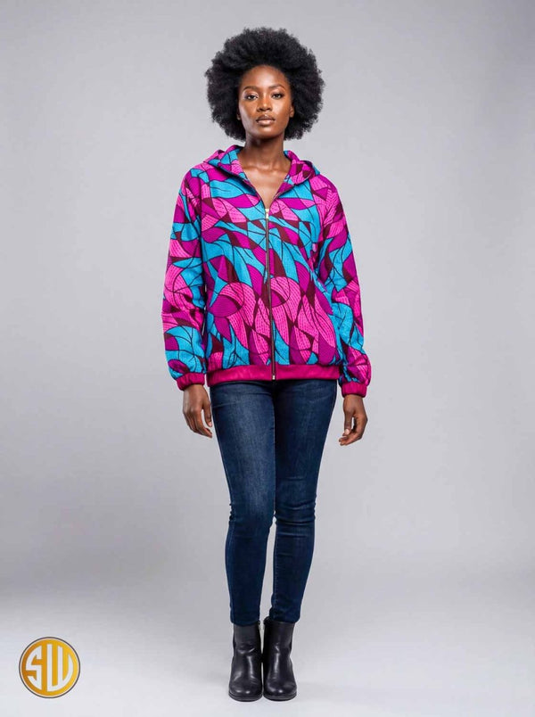 Bomber à capuche femme en wax rose et bleu