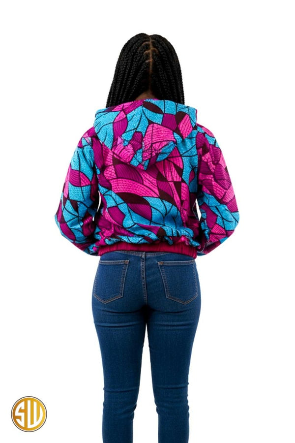 Bomber à capuche femme en wax rose et bleu – style africain moderne