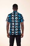 Chemise wax homme Anga motif batik bleu blanc et noir coupe droite