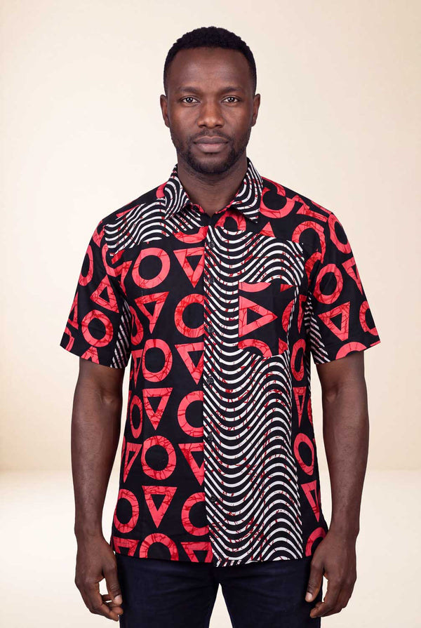 Chemise wax homme Kesho motifs géométriques rouge et noir coupe droite face