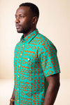 Chemise wax homme Zahra motif géométrique vert et orange coupe droite