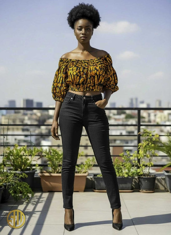 Crop top en wax africain – Blouse épaules dénudées