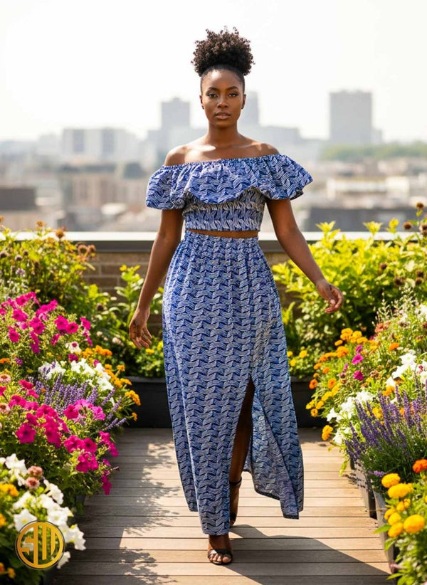 Ensemble deux pièces en wax – Top bardot et jupe fendue