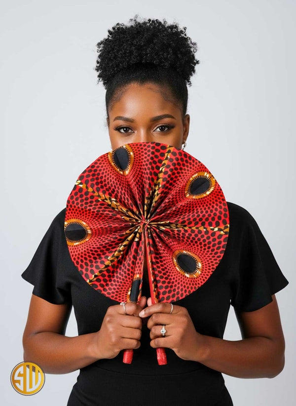 Éventail africain en wax orange et cuir – Fait main au Kenya