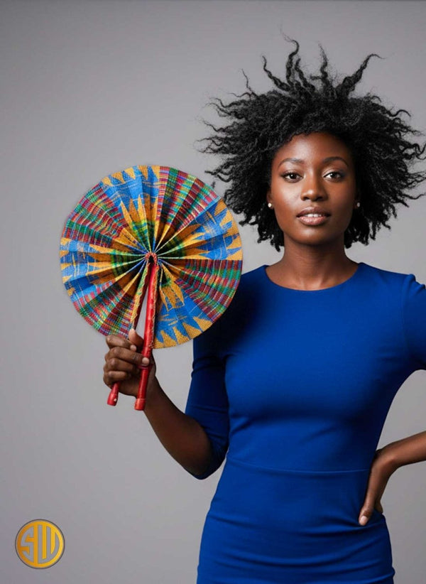 Éventail africain multicolore en wax et cuir – Fait main au Kenya 2