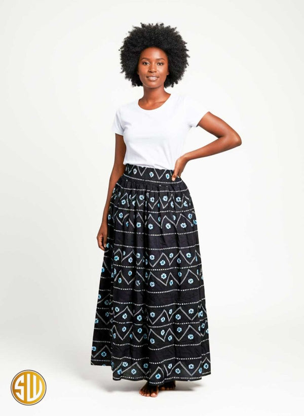 Jupe longue bleu nuit à motifs africains blancs – Taille élastiquée
