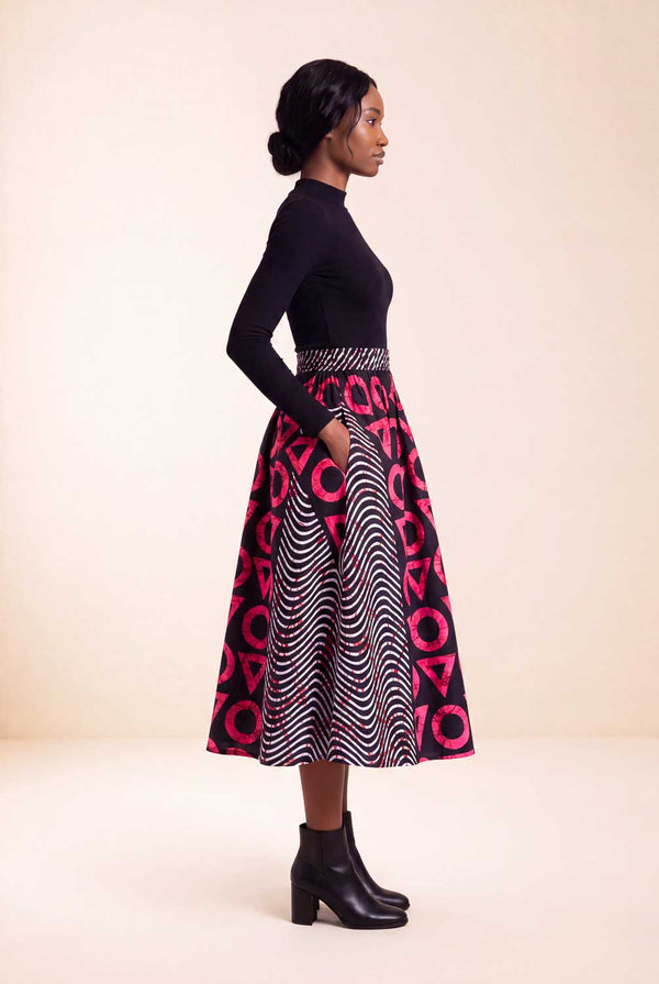 Jupe wax africaine Djénéba motifs géométriques taille élastique profil