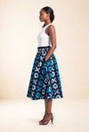 Jupe wax africaine Saida motif ronds et croix bleu blanc et noir taille haute smockée