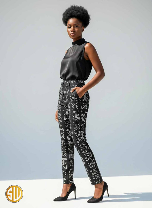 Pantalon en wax – Motif bogolan noir et blanc
