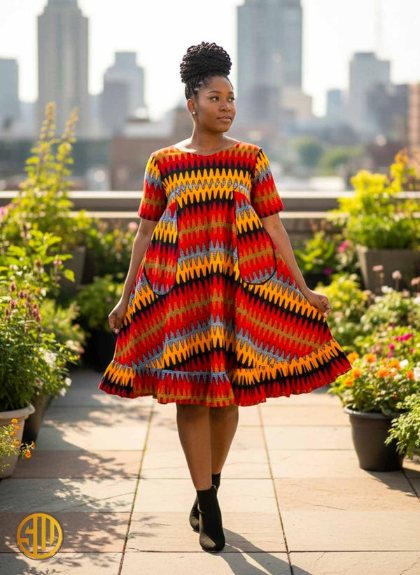 Robe africaine évasée multicolore – Style wax chic et confortable