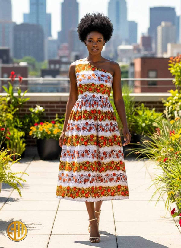 Robe asymétrique en wax une épaule – Orange & Jaune