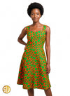 Robe évasée en wax africain vert et orange – Style moderne et coloré