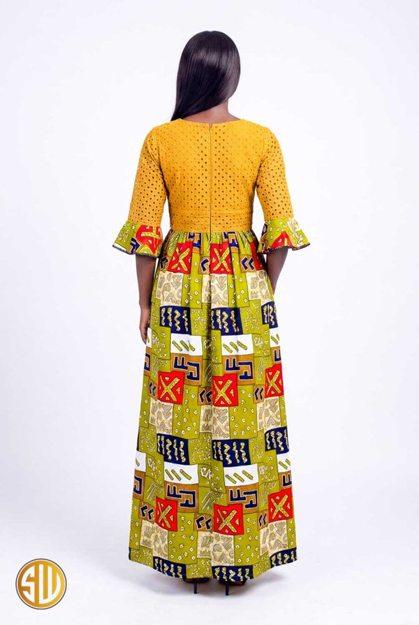 Robe longue africaine brodée et wax avec poches
