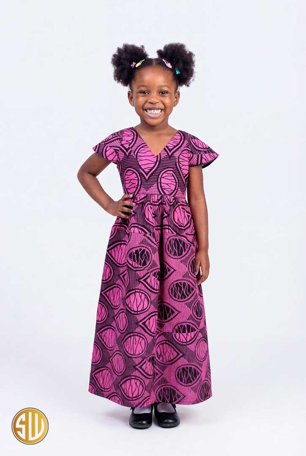 Robe Longue Enfant en Wax Fuchsia — Pièce Unique, Tissu Épuisé