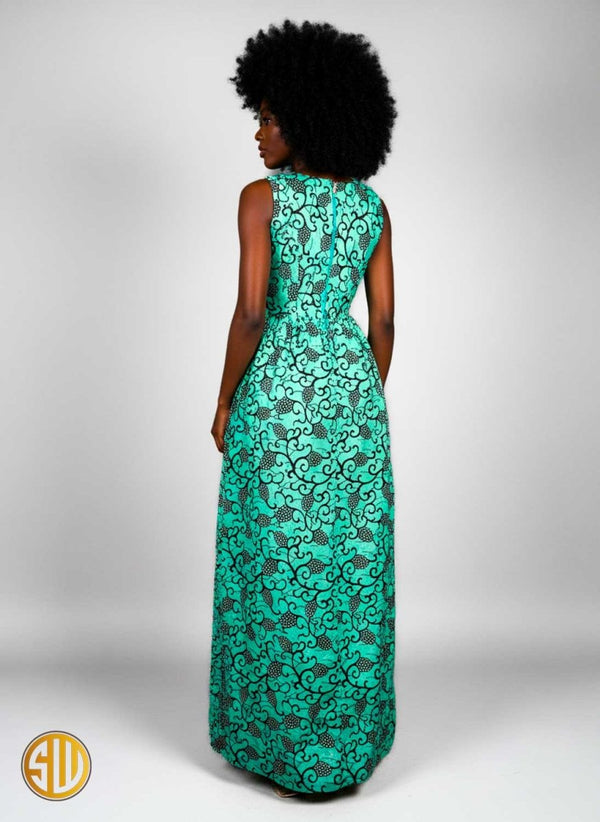 Robe longue sans manches en wax vert motifs noirs – SublimeWax