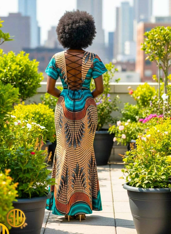 Robe longue sirène en wax – Laçage au dos