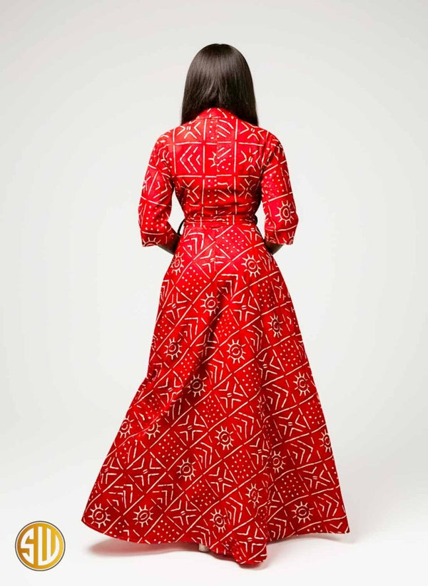 Robe longue wax Bogolan rouge – coupe portefeuille