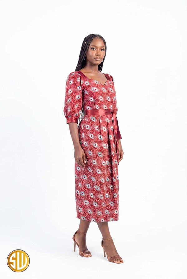 Robe midi wax rouge – manches bouffantes et ceinture satin, fait main