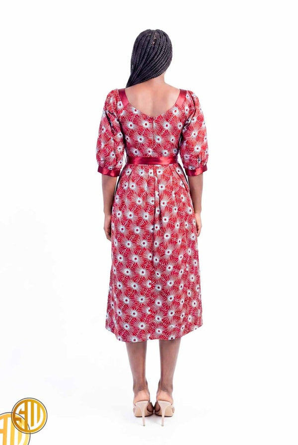 Robe midi wax rouge – manches bouffantes et ceinture satin, fait main
