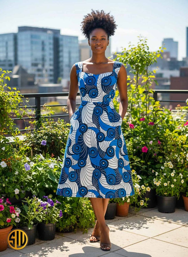 Robe patineuse en wax bleu et blanc – Mode ethnique chic