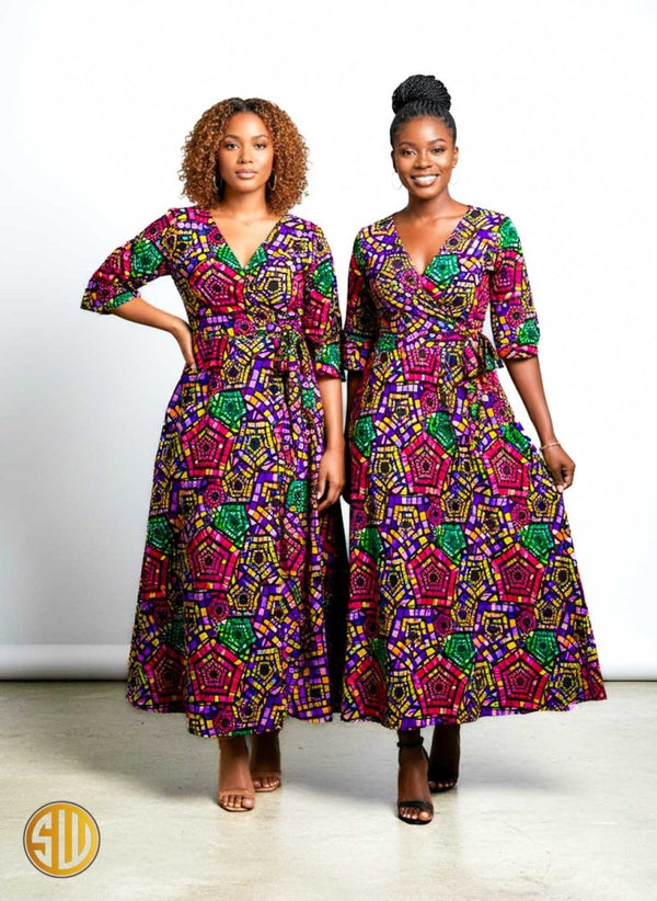 Robe portefeuille longue en wax avec poches – SublimeWax