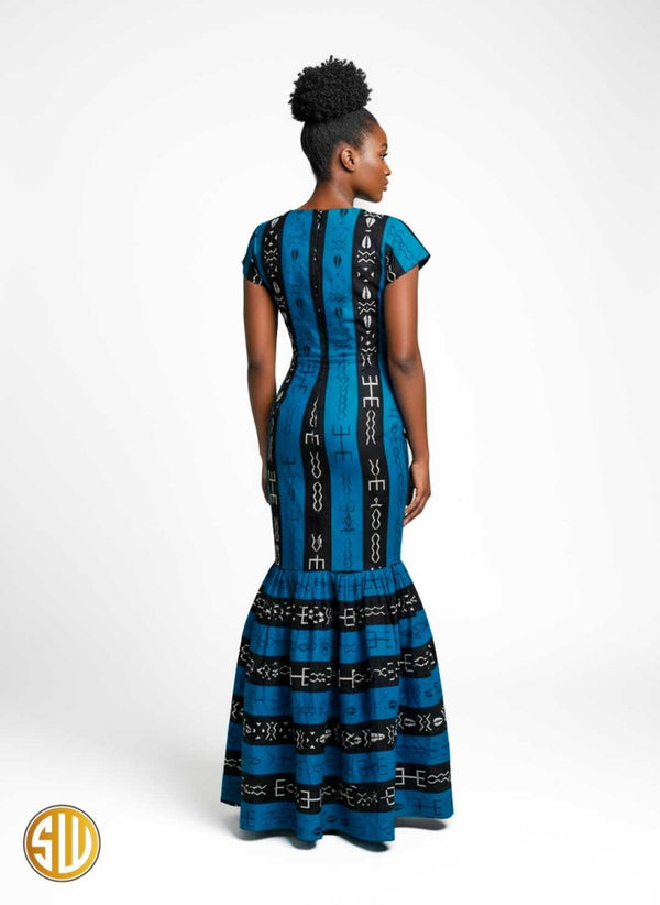 Robe sirène en wax bleu canard – Robe africaine longue élégante
