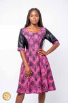 Robe wax bimatière – Imprimé feuilles fuchsia & satin noir