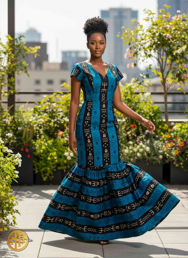 Robe sirène en wax bleu canard - longue élégante femme