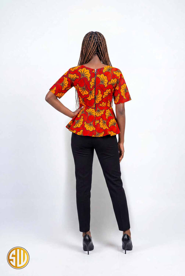 Top Peplum Wax Amina Sublimewax – Fleurs Rouge & Orange