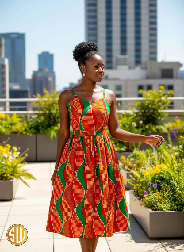 Wax print midi dress with straps – Red, green and yellow wavy patterns