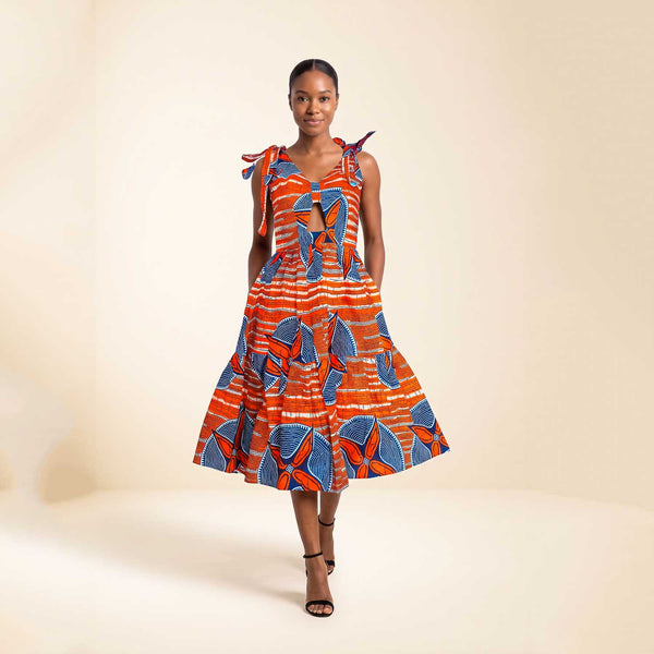 Robe Lina midi en wax orange, bleu et blanc – vue principale