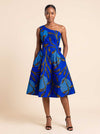 Robe Naya midi asymétrique en wax bleu – silhouette entière