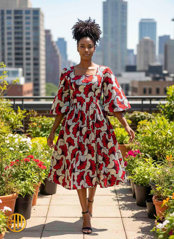 Robe Africaine Wax Rouge et crème – Modèle évasé