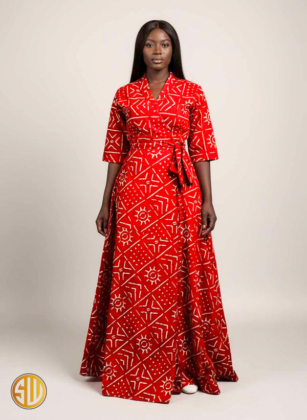 Robe Portefeuille Longue en Coton – Motif Bogolan Rouge et Blanc