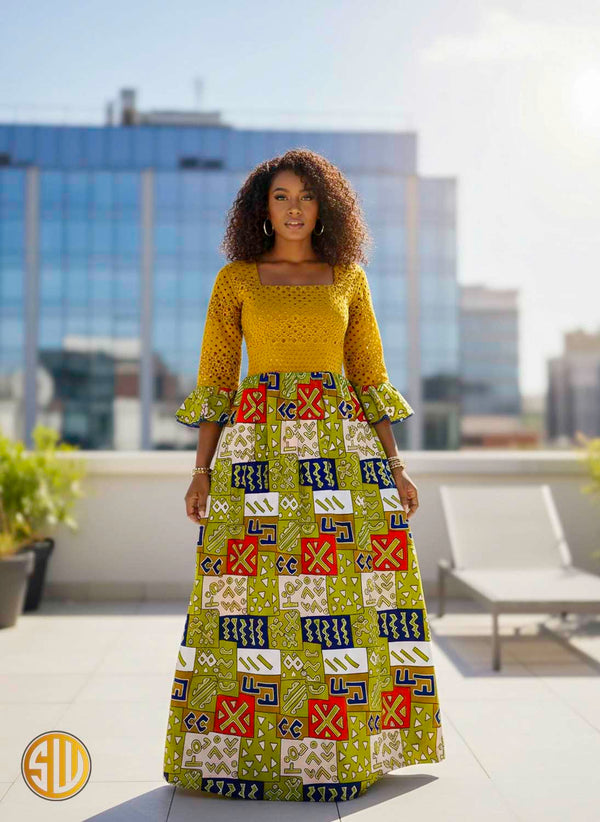 Robe longue africaine brodée et wax avec poches