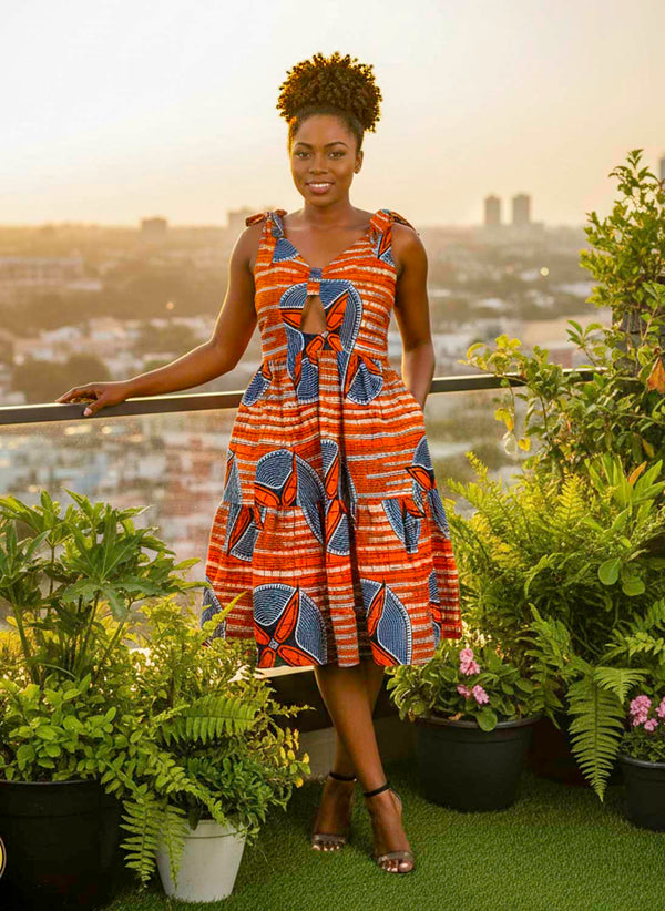 Robe africaine midi en wax avec poches et bretelles à nouer – SublimeWax