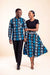 Ensemble couple wax assorti bleu jupe africaine et chemise homme manches longues motif batik