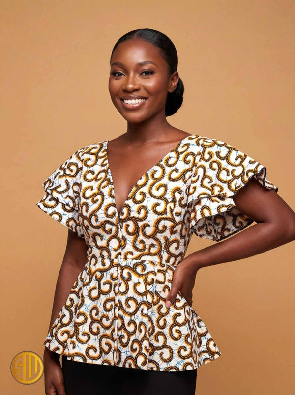 Top africain en wax élégant – Décolleté V & manches volantées