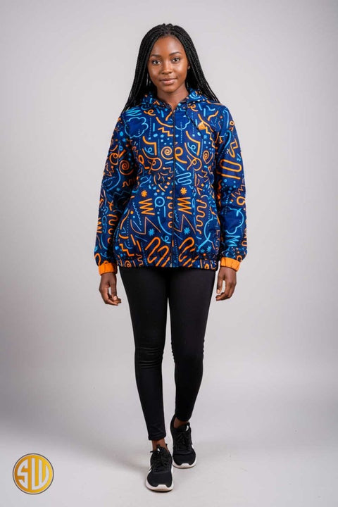 Bomber à capuche en wax bleu marine et orange – style africain urbain