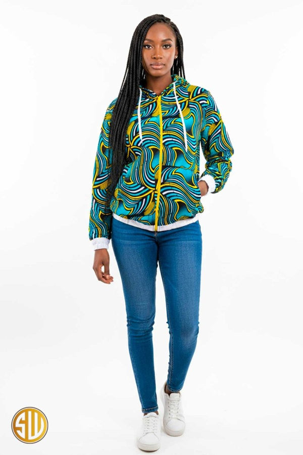 Bomber à capuche en wax jaune, bleu et noir – style africain moderne