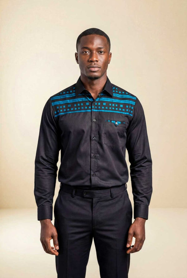 Chemise homme wax & coton - empiècement bleu canard sur noir