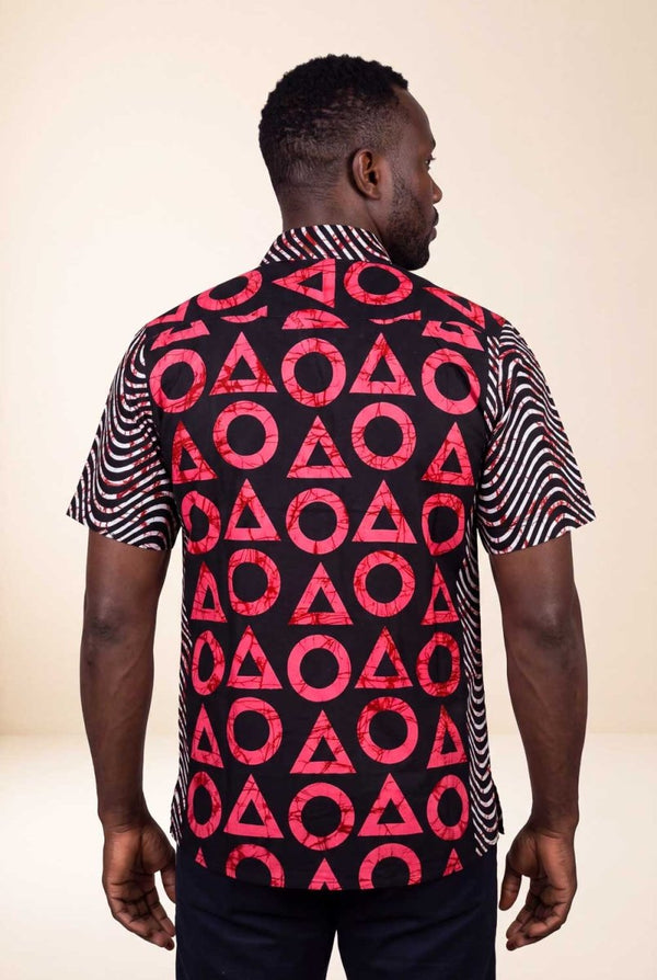 Chemise wax homme Kesho motifs géométriques rouge et noir coupe droite dos