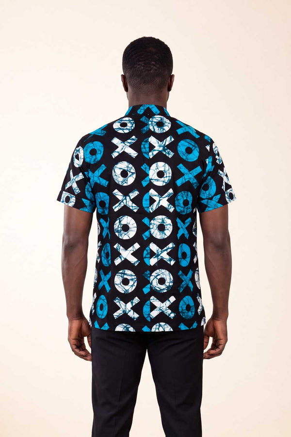 Chemise wax homme Anga motif batik bleu blanc et noir coupe droite