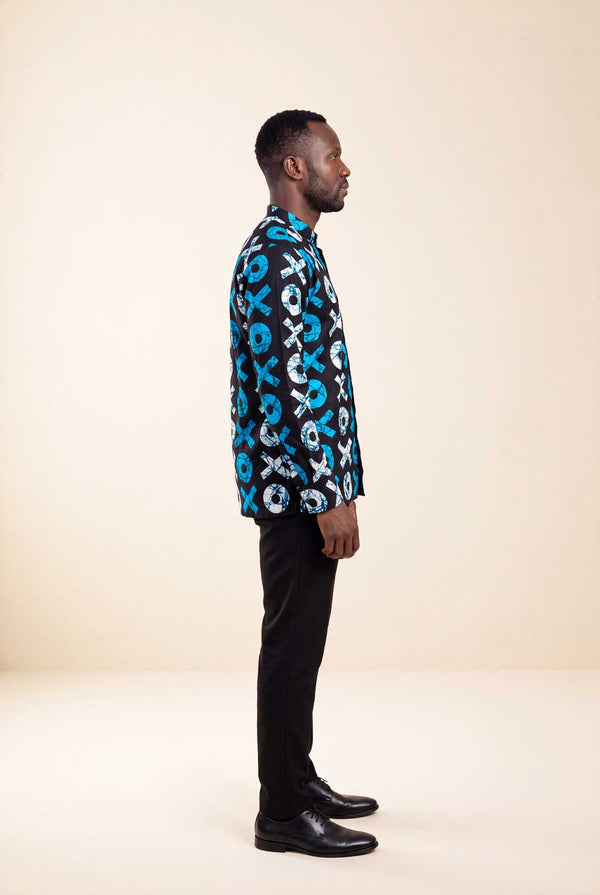 Chemise wax homme Ziwa manches longues col officier motif batik bleu