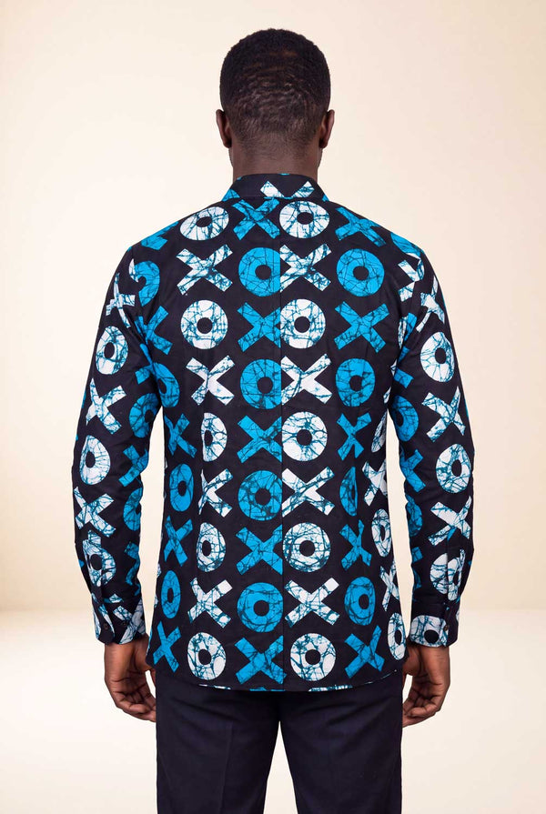 Chemise wax homme Ziwa manches longues col officier motif batik bleu