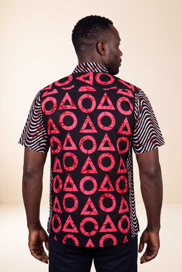 Chemise wax homme Kesho motifs géométriques rouge et noir coupe droite dos