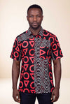 Chemise wax homme Kesho motifs géométriques rouge et noir coupe droite face