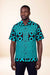 Chemise wax homme Bahari motif vagues turquoise et noir coupe droite face